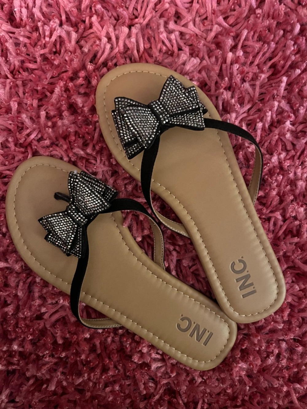INC International Concepts Black Bow Rhinestone Slip-On Sandals with Tan Footbed